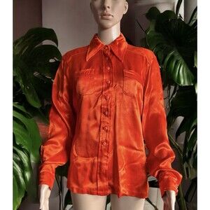 Vintage 80s Women's Silky Look Blouse Fiery Orange Long Sleeve Front Pockets